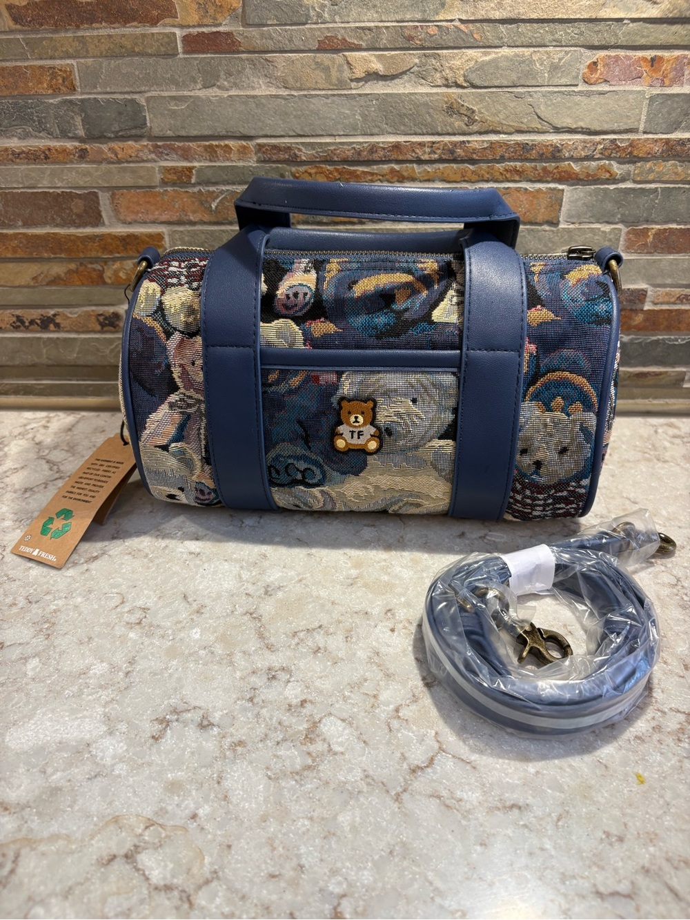 Teddy Fresh Blue Floral Barrel Crossbody Bag with Teddy Patch